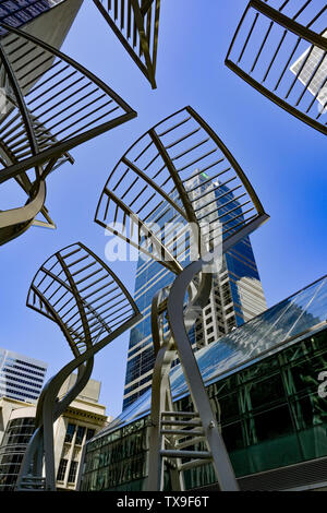 'Trees' sculpture on Stephen Avenue,  designed to reduce wind gusts between the buildings, Calgary, Alberta, Canada Stock Photo