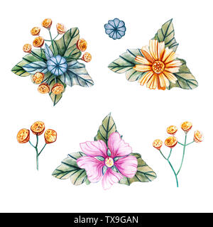 Hand-drawn bouquets of wildflowers. Watercolor summer set of illustrations with mallow, tansy, and chamomile. Template for greeting cards, fabrics, we Stock Photo