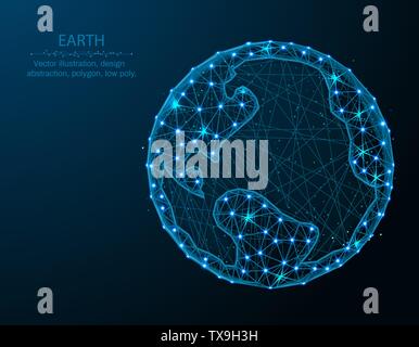 Earth low poly design, Planet in polygonal style, globe vector illustration on dark blue background Stock Vector