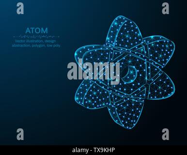 Atom low poly design, Science in polygonal style, chemistry and physics vector illustration on dark blue background Stock Vector