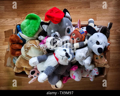 Lot of toys stufed ina bow. Puppy toys. Stock Photo