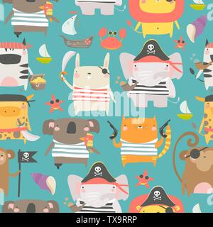 Seamless pattern with cute animals with pirate and sailor attributes style Stock Vector