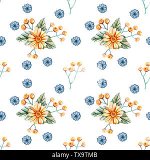 Seamless pattern with bouquets of wildflowers. Watercolor illustration with tansy, green leaves and yellow chamomile. Template for greeting cards, fab Stock Photo