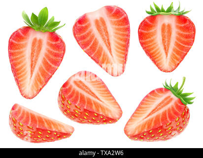Isolated strawberry pieces. Collection of cut strawberry fruits isolated on white background with clipping path Stock Photo