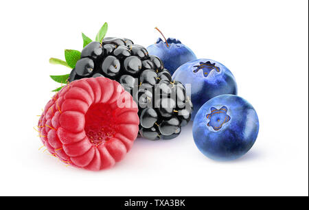 Isolated berries. Blackberry, raspberry and blueberries isolated on white background with clipping path Stock Photo