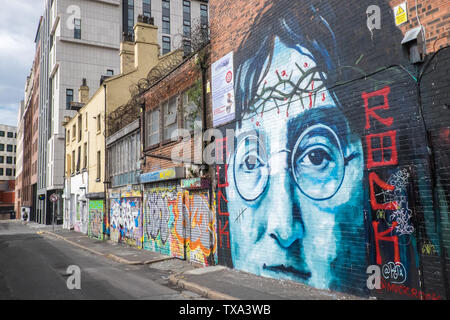 John Lennon,art,culture,wall,painting,graffiti,Liverpool,north,northern,city,north west,Merseyside,England,English,GB,Britain,British,UK, Stock Photo