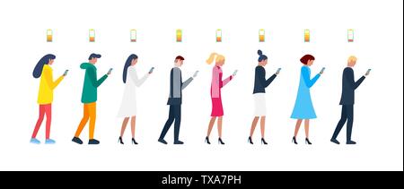 Crowd men and women walking with smartphones. Male and female characters group using mobile phones with battery charge level icons. Accumulator Stock Vector