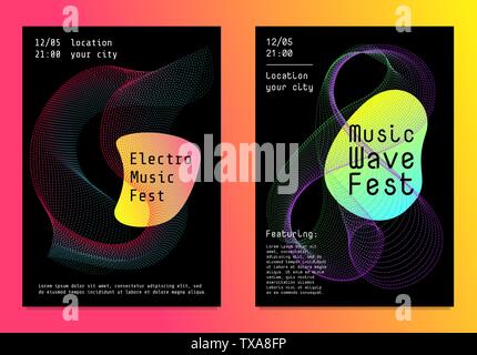 Electronic music festival party poster set with colorful abstract gradient lines and liquid shape. Futuristic electro sound fest club flyer cover Stock Vector