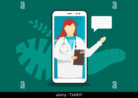 Doctor online mobile chat internet consulting. White female with stethoscope on smartphone screen and speech bubble answers question. Healthcare Stock Vector