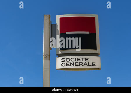 CANNES, FRANCE - APRIL 2019: Sign outside the branch of the Societe Generale bank on the seafront promenade in Cannes. Stock Photo