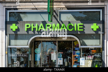 CANNES, FRANCE - APRIL 2019: Sign above the door of a pharmacy in Cannes. Stock Photo