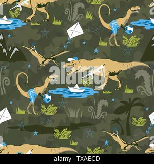 Play Lover Dinosaur Seamless pattern for kids fashion. Childish Background with Cute Dinosaurs. Stock Vector