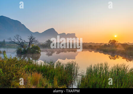 Landscape of a pond at sunrise in the fog with the Hanglip or Hanging Lip mountain peak, Entabeni Safari Game Reserve, Limpopo Province, South Africa. Stock Photo