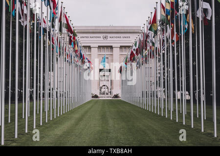 Geneva, Switzerland - July 1, 2017: National flags at the entrance in UN office at Geneva, Switzerland. The United Nations was established in Geneva i Stock Photo