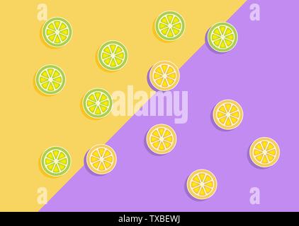 Lemon and lime in vibrant colors background. Concept pop art. Creative Flat lay. Summer Party, Purple Birthday Layout. Bright Colorful. Fun Stock Vector