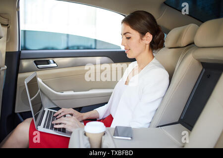Side view portrait of beautiful businesswoman using laptop in car while commuting to work, copy space Stock Photo