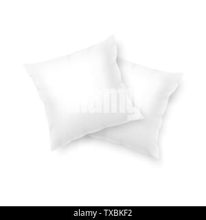 Vector 3d Realistic Render Two Square Blank White Soft Pillows Closeup Isolated on White Background. Design Template for Graphics and Mockup. Top View Stock Vector