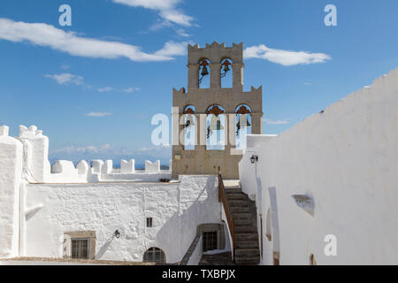 Bell tower on top of the Monastery of St. John the Theologian in Chora on a hilltop on Patmos island in Greece. Stock Photo