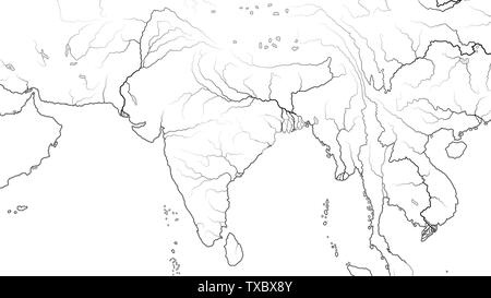 World Map of SOUTH ASIA REGION and INDIA SUBCONTINENT: Pakistan, India, Himalayas, Tibet, Bengal, Ceylon, Indian Ocean And Hindustan Subcontinent. Stock Photo