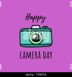 Hand draw happy day camera template. Vector postcard with Vintage Doodle style camera. Stock Vector