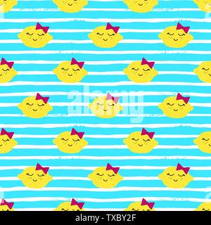 Lemons Kawaii Pattern. Vector seamless Texture Of Happy Yellow Lemons on a Striped Background. Can be used for Wallpaper, Textiles, wrapping paper Stock Vector