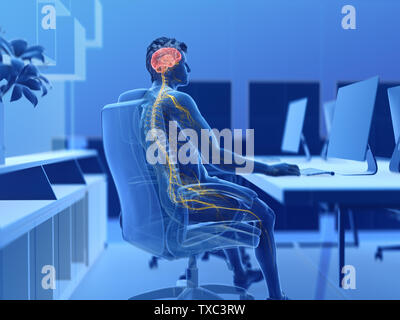 3d rendered illustration of a man working on a pc - visible brain and nerves Stock Photo