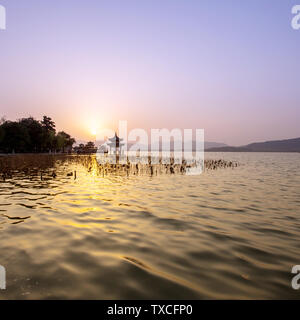 skyline and lake at sunset in hangzhou,china Stock Photo