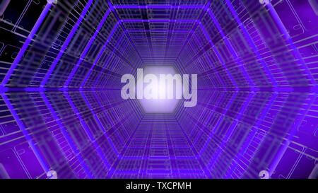 Futuristic background front view of a tunnel with hexagonal shape structure of purple and blue with white light in the background. 3D Illustration Stock Photo
