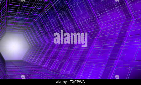 Futuristic background side view of a tunnel with hexagonal shape structure of purple and blue with white light in the background. 3D Illustration Stock Photo