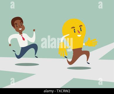 black african american businessman run after idea bulb through the crossroad. Stock Vector