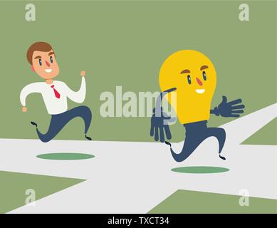 businessman run after idea bulb through the crossroad. Stock Vector