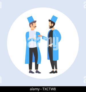 two doctors team discussing during meeting men in uniform standing together medicine healthcare concept flat full length Stock Vector