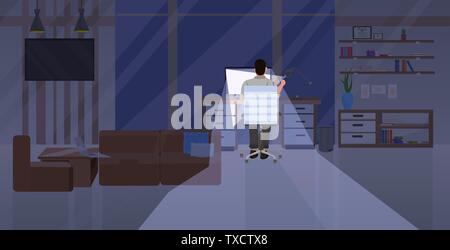 tired man sitting at workplace rear view businessman working on computer at night deadline overwork concept modern office interior flat horizontal Stock Vector