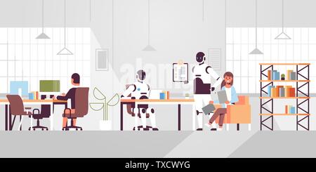 people vs robots working in creative co-working open space coworkers businesspersons sitting at workplace artificial intelligence concept modern Stock Vector