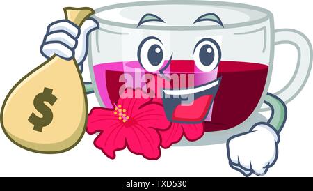 With money bag habiscus tea isolated in the mascot Stock Vector