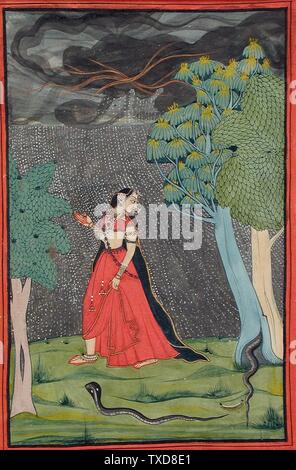 The Eager Heroine on Her Way to Meet Her Lover out of Love (Kama Abhisarika Nayika); India, Uttaranchal, Garhwal, early 19th century Drawings; watercolors Opaque gold, and ink paper Image: 9 x 5 3/4 in. (22.86 x 14.6 cm); Sheet: 11 1/2 8