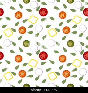 Seamless pattern of fresh Vegetable slices Red tomat, green cucumber, yellow pepper, white onion. Light background. Keto diet. Packaging for healthy f Stock Vector