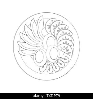 Isolated vector food images. Vegetable slices on a white plate. Peeled avocado, egg halves, red tomatoes. Black and white line art icon. Coloring book Stock Vector