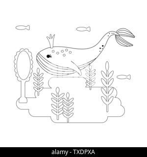 Whale girl under the water looks in the mirror. Cartoon poster. Algae, gold crown, corset, small fish. Coloring book page for kids. Black and white li Stock Vector