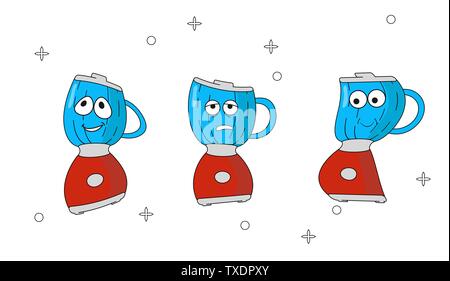 Set of cartoon icons kitchen appliances with different emotions. Character Red blender in cartoon style. Cheerful, happy, tired. To create icons in we Stock Vector