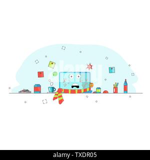 Computer is infected with viruses. Breakdown Funny cartoon computer character with a scarf and viruses. Sick and medication. Tea and pills. Needs help Stock Vector