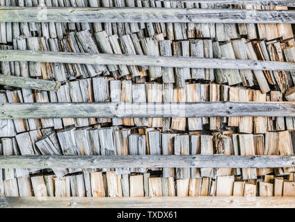 Background of splitted, dried and stacked firewood. Bunch of wood. Stock Photo
