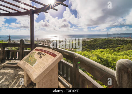 Information sign on the Agaiteida bridge which means East Sun on the Hanta road near the North Nakagusuku Castle in Okinawa Island Stock Photo