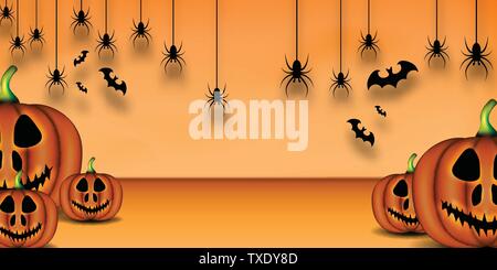 Happy Halloween Background, Pumpkin, Bat, and spider Background Stock Vector