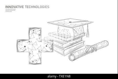 E-learning distance medicine graduate certificate program concept. Low poly 3D render graduation cap diploma medical cross banner template. Internet Stock Vector