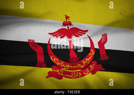 Ruffled Flag of Brunei Blowing in Wind Stock Photo