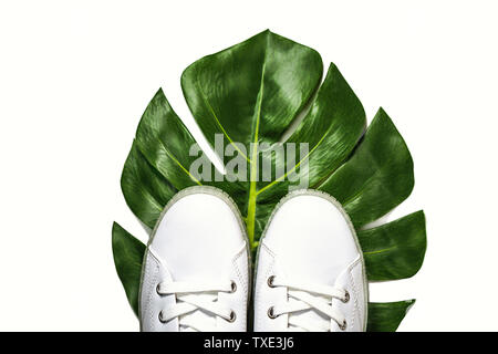 White sneakers are lying on green monstera leaf on white background, isolated. Top view. Stock Photo