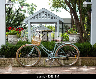 Retro ladies bicycle with basket standing against garden retaining brick wall with lush green shrubs in background Stock Photo