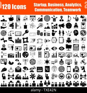 Set of 120 Icons. Startup, Business, Analytics, Communication, Teamwork Themes. Black Color Stencil Design. Vector Illustration. Stock Vector