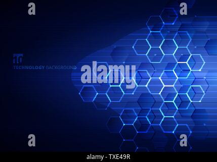 Abstract blue hexagons with nodes digital geometric and lines and dots dark blue background with horizontal light. Technology connection concept. Vect Stock Vector